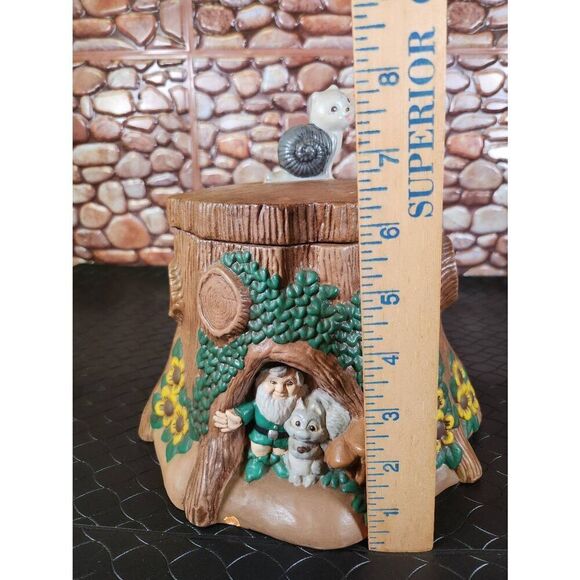 Vintage Rare Hand Painted Ceramic Cookie Jar Gnome Tree House W/ Snail Mushroom - Picture 11 of 14